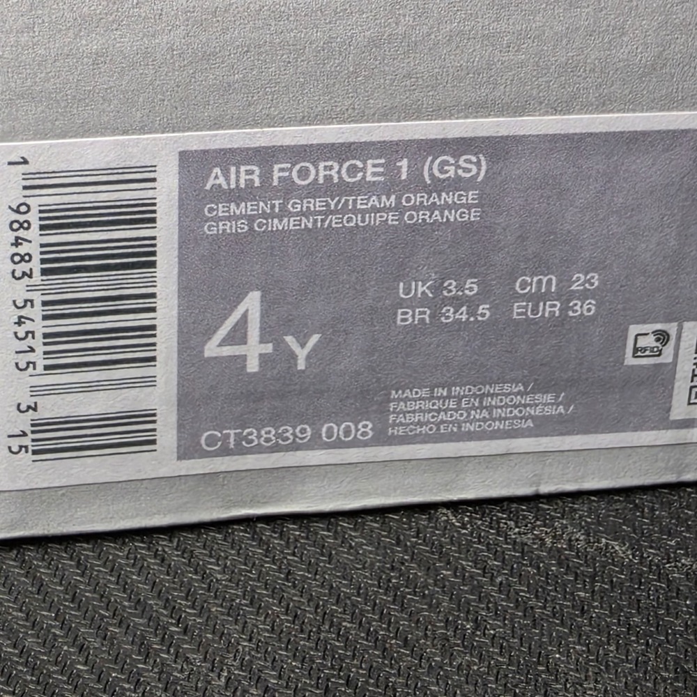 New Women 8.5 Youth 7Y Nike Air Force 1 Low GS CT3839-008 Cement Grey Orange NWB - Picture 9 of 9